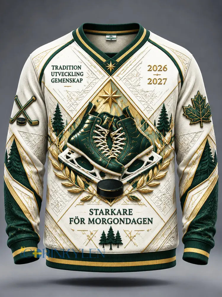 Vit Ishockey IF Björklöven Patchwork Skriv ut Casual V-neck Sweatshirt - vitt / S