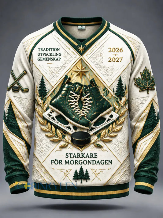 Vit Ishockey IF Björklöven Patchwork Skriv ut Casual V-neck Sweatshirt - vitt / S