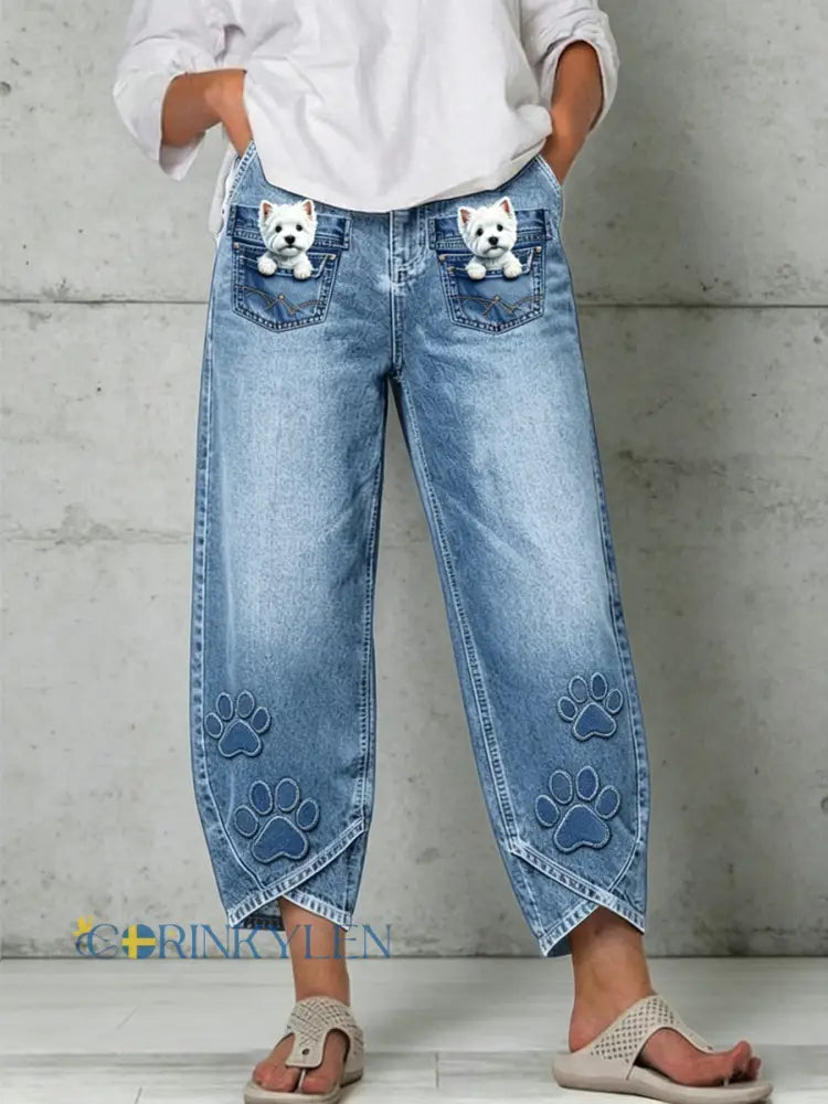Women’s Animal Art Print Trousers - Blue / S