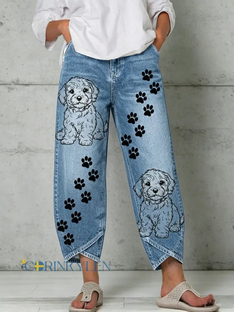 Women’s Animal Art Print Trousers - Blue / S