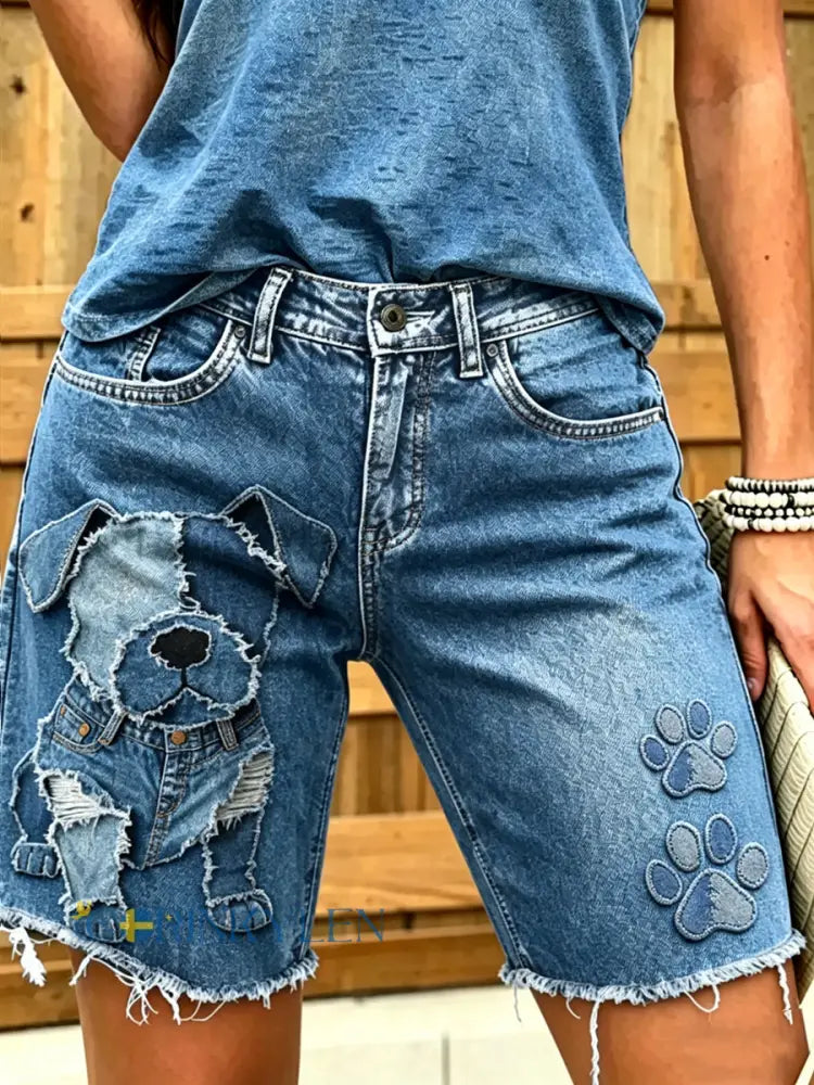 Women’s Animal Art Printed Short Jeans - Blue / S