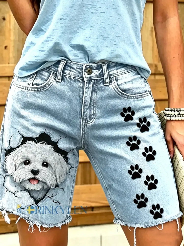 Women’s Animal Art Printed Short Jeans - Blue / S