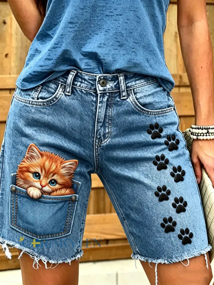 Women’s Animal Art Printed Short Jeans - Blue / S