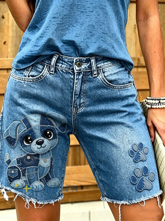 Women’s Animal Art Printed Short Jeans - Blue / S