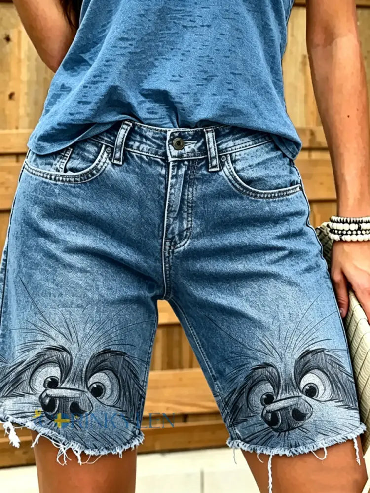 Women’s Animal Art Printed Short Jeans - Blue / S