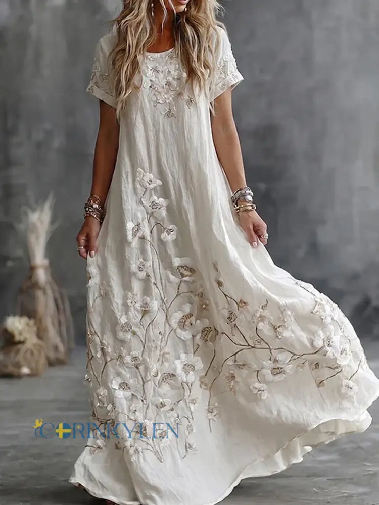 Women’s Bohemian Floral Embroidery Art Round Neck Short Sleeve Midi Dress - A / S