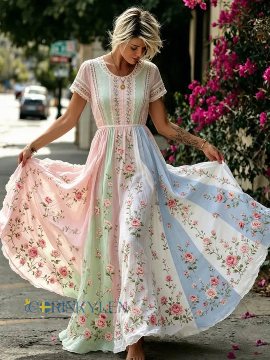 Women’s Bohemian Floral Embroidery Art Round Neck Short Sleeve Midi Dress - A / S