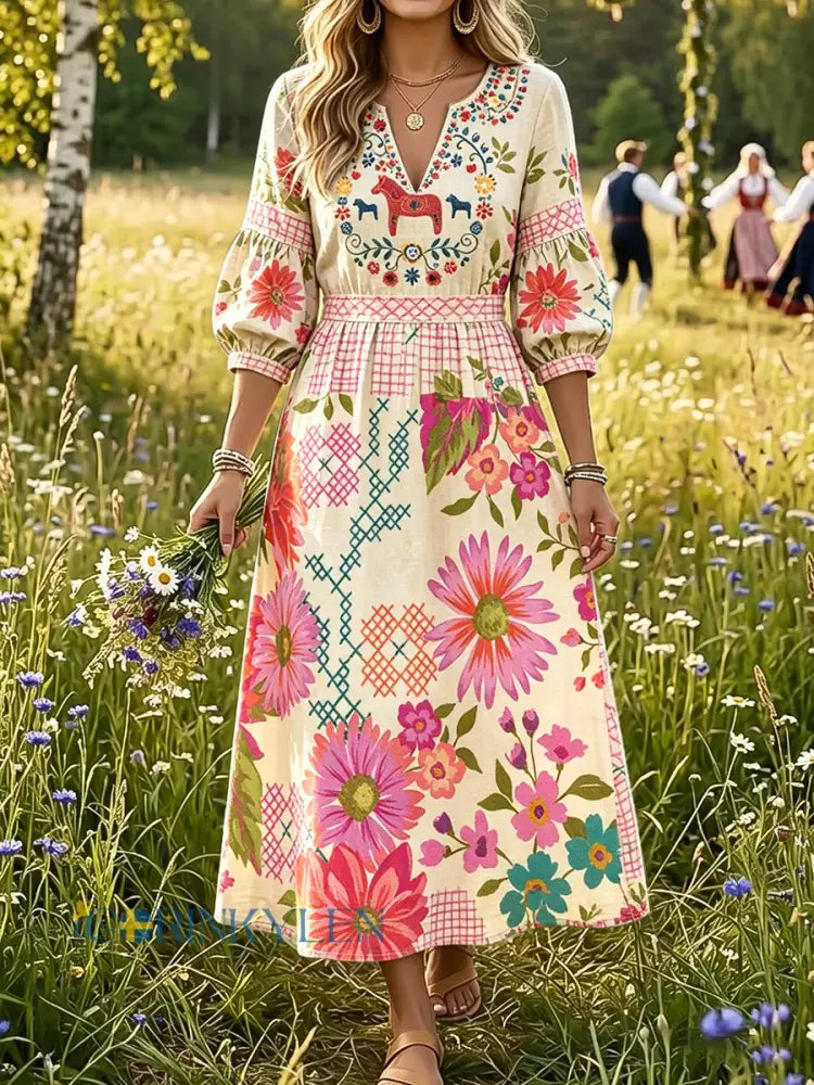 Women’s Holiday-Style Swedish Dala Horse Floral Doodle Print Casual Dress - Multicolour / S