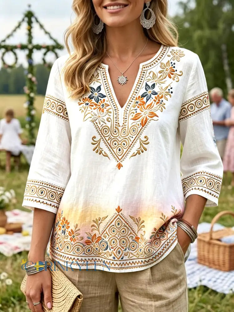 Women’s Midsummer 3D Floral Gradient Print Swedish Casual V-neck T-shirt - White / S