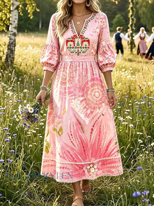 Women’s Pink Summer Swedish Dala Horse Floral Print Casual Dress - Pink / S