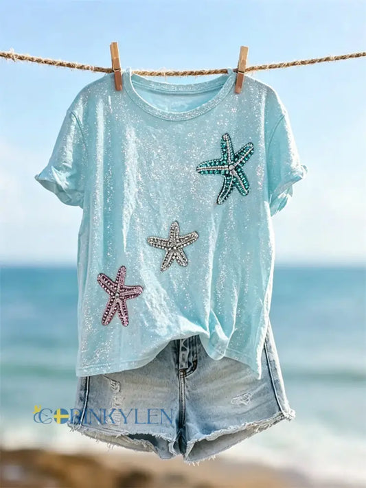 Women’s Starfish & Shimmering Sea Inspirerad Skriv ut kortärmad T-shirt - blå / S