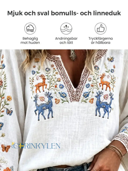 Women’s Swedish Midsummer Deer Floral Print White Casual V-neck T-shirt