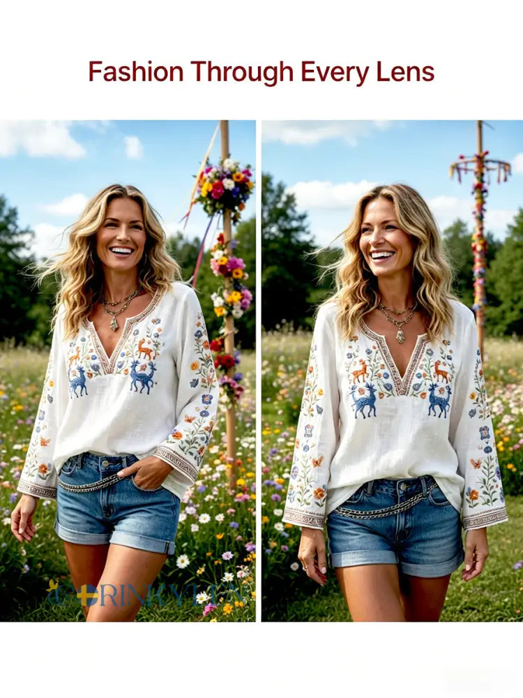 Women’s Swedish Midsummer Deer Floral Print White Casual V-neck T-shirt