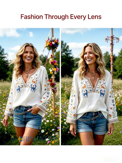 Women’s Swedish Midsummer Deer Floral Print White Casual V-neck T-shirt