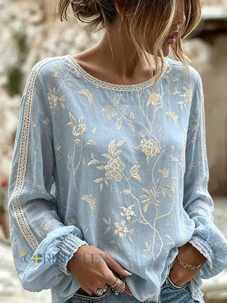 Women’s Vintage Floral Art Print Casual Cotton-Linen Top - A / S