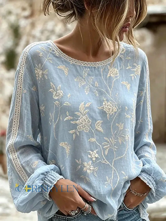 Women’s Vintage Floral Art Print Casual Cotton-Linen Top - A / S