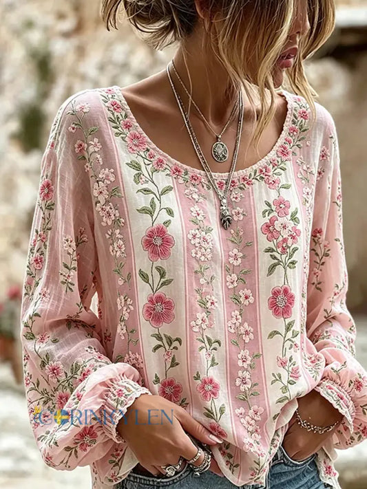 Women’s Vintage Floral Art Print Casual Cotton-Linen Top - A / S
