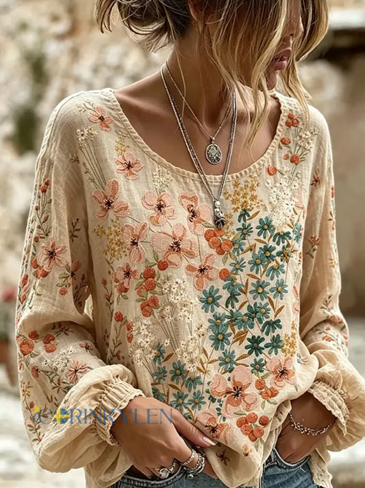 Women’s Vintage Floral Art Print Casual Cotton-Linen Top - A / S