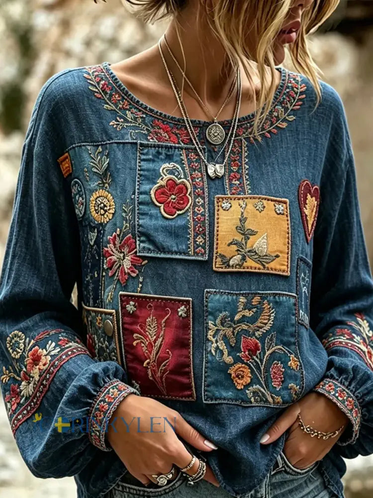 Women’s Vintage Floral Art Print Casual Cotton-Linen Top - A / S