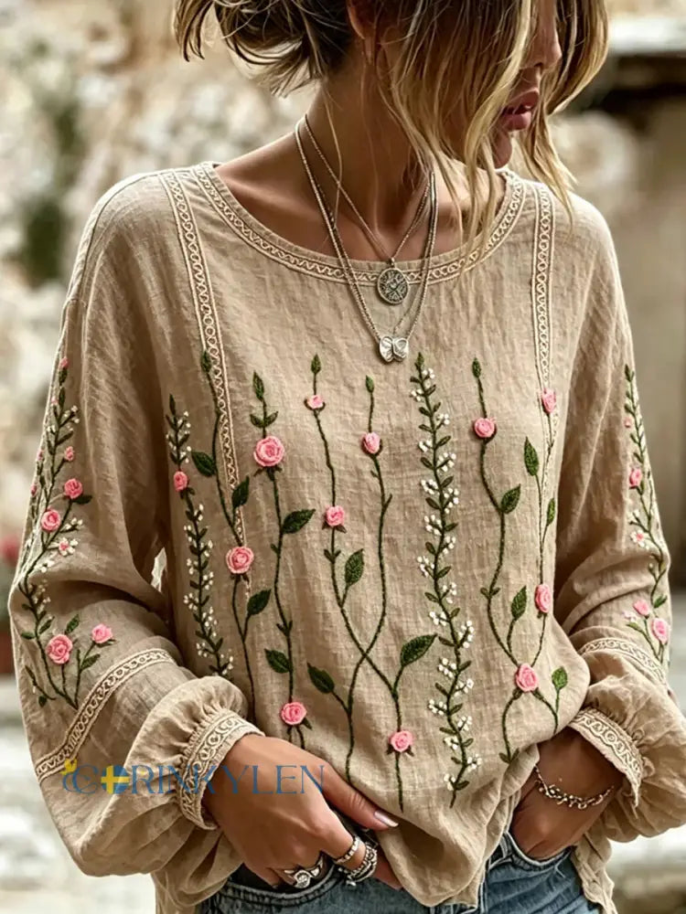Women’s Vintage Floral Art Print Casual Cotton-Linen Top - A / S