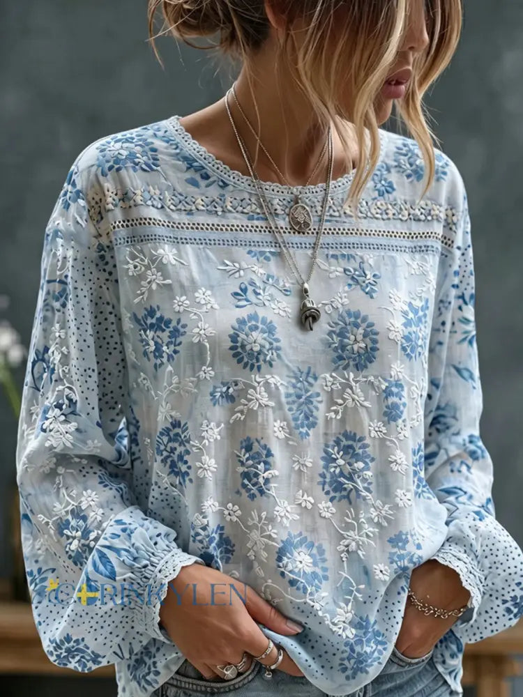 Women’s Vintage Floral Art Print Casual Cotton-Linen Top - A / S