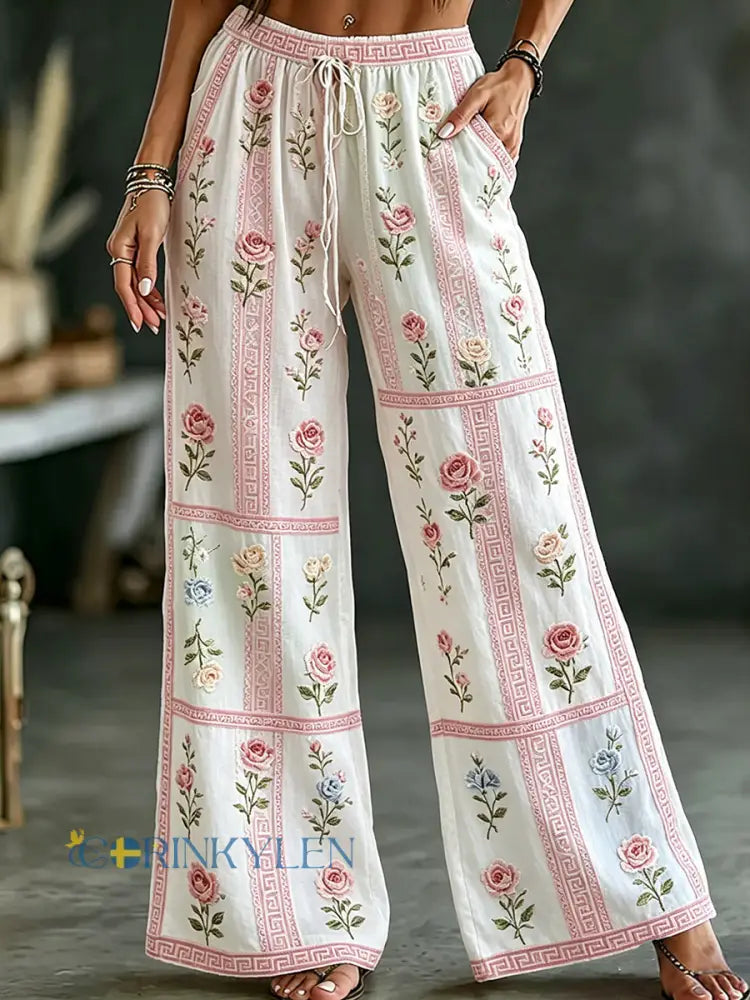 Women’s Vintage Floral Art Print Casual Cotton-Linen Trousers