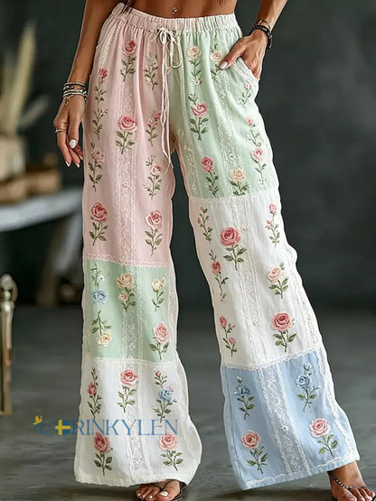 Women’s Vintage Floral Art Print Casual Cotton-Linen Trousers