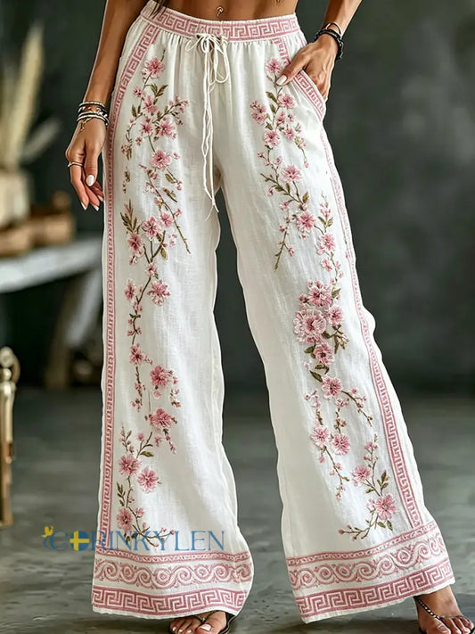 Women’s Vintage Floral Art Print Casual Cotton-Linen Trousers - A / S