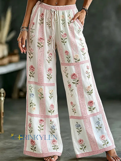 Women’s Vintage Floral Art Print Casual Cotton-Linen Trousers - A / S