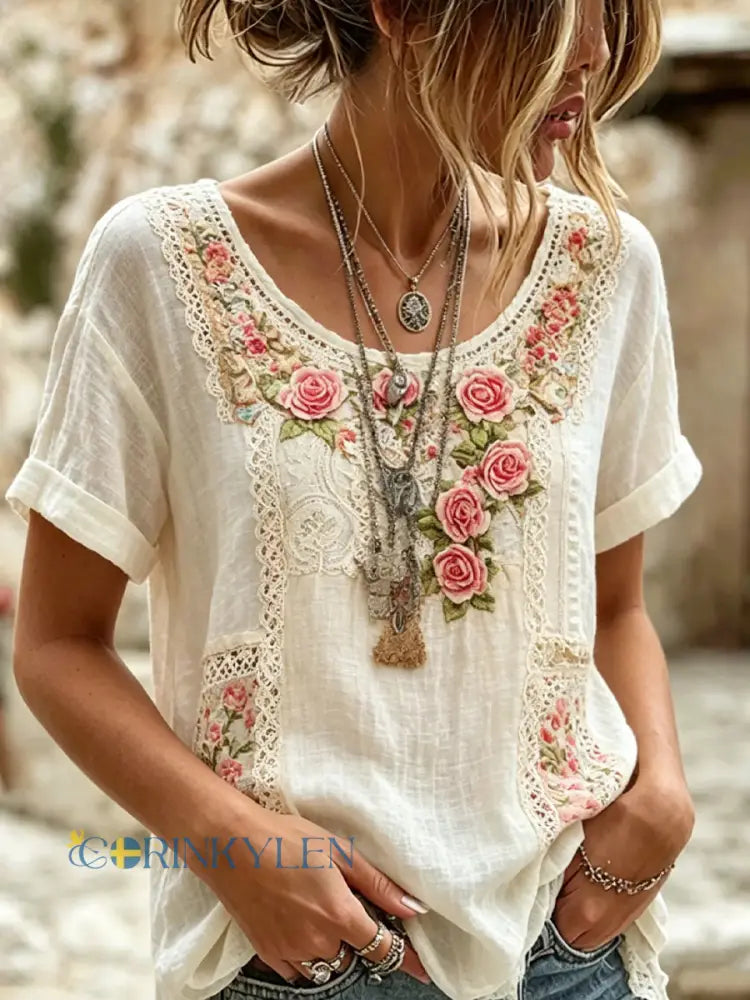 Women’s Vintage Floral Art Print Casual Top - A / S