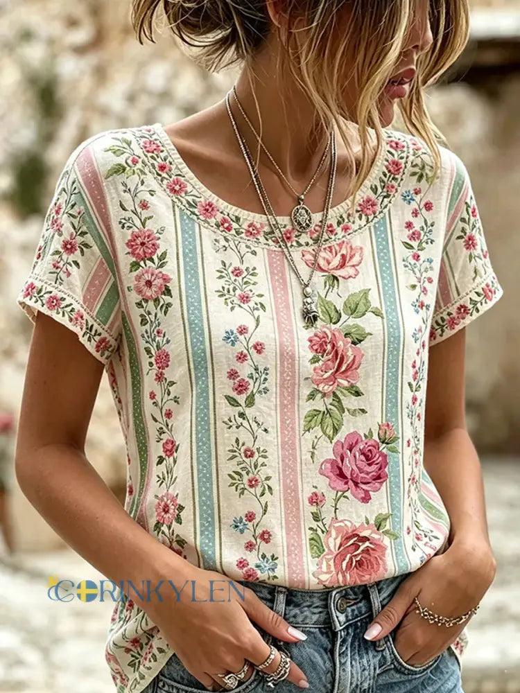 Women’s Vintage Floral Art Print Casual Top - A / S