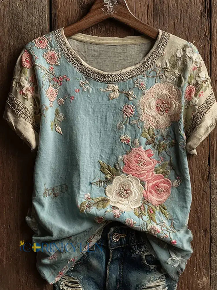 Women’s Vintage Floral Art Print Casual Top - A / S
