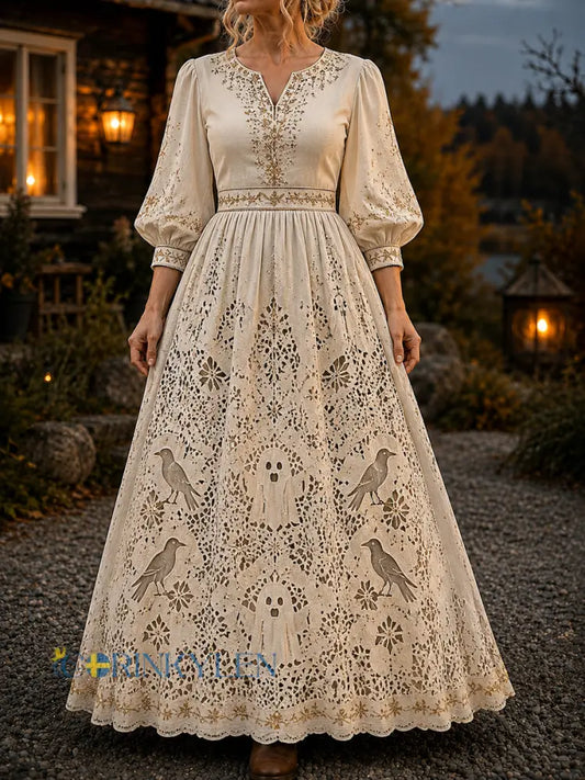 Women’s Vintage Halloween Ghost-Print V-Neck Dress - As picture / S