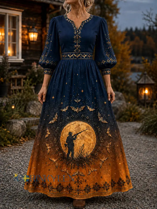 Women’s Vintage Halloween Hunting-Themed V-Neck Dress - As picture / S