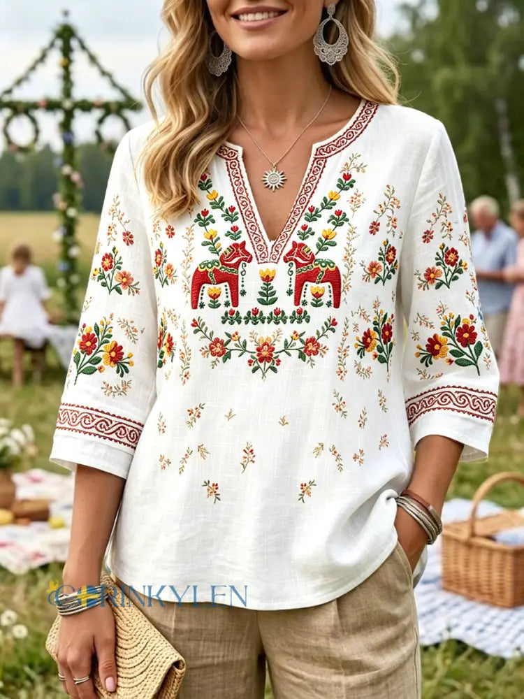 Women’s white Swedish Midsummer Dala horse print casual V-neck T-shirt - White / S