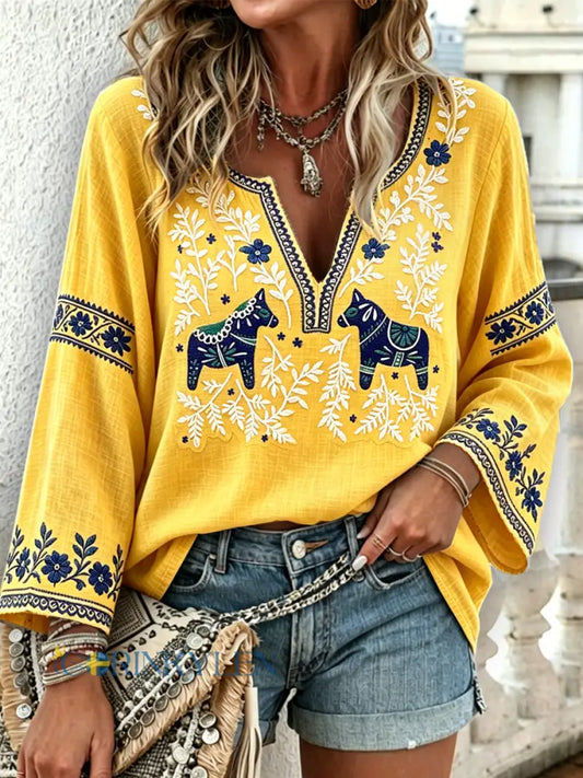 Women’s Yellow Swedish Midsummer Dala Horse Print Casual V-neck Long-sleeved T-shirt - Yellow / S